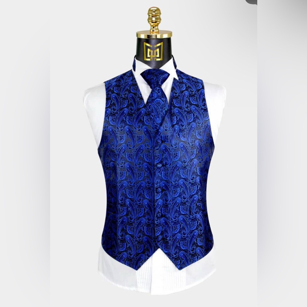Men's DiBanGu Blue Paisley Vest and Tie Set